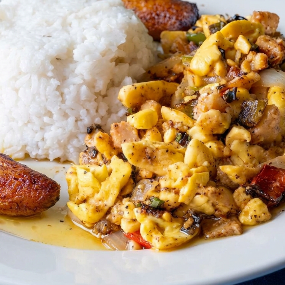 Plate of white rice, grilled sausage, and creamy sautéed chicken with mushrooms, onions, peppers, and cashews.