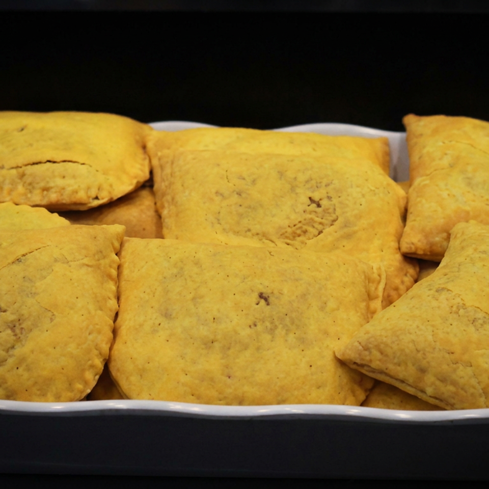 A white dish holds several golden-brown square pastries with flaky, rustic surfaces against a dark background.