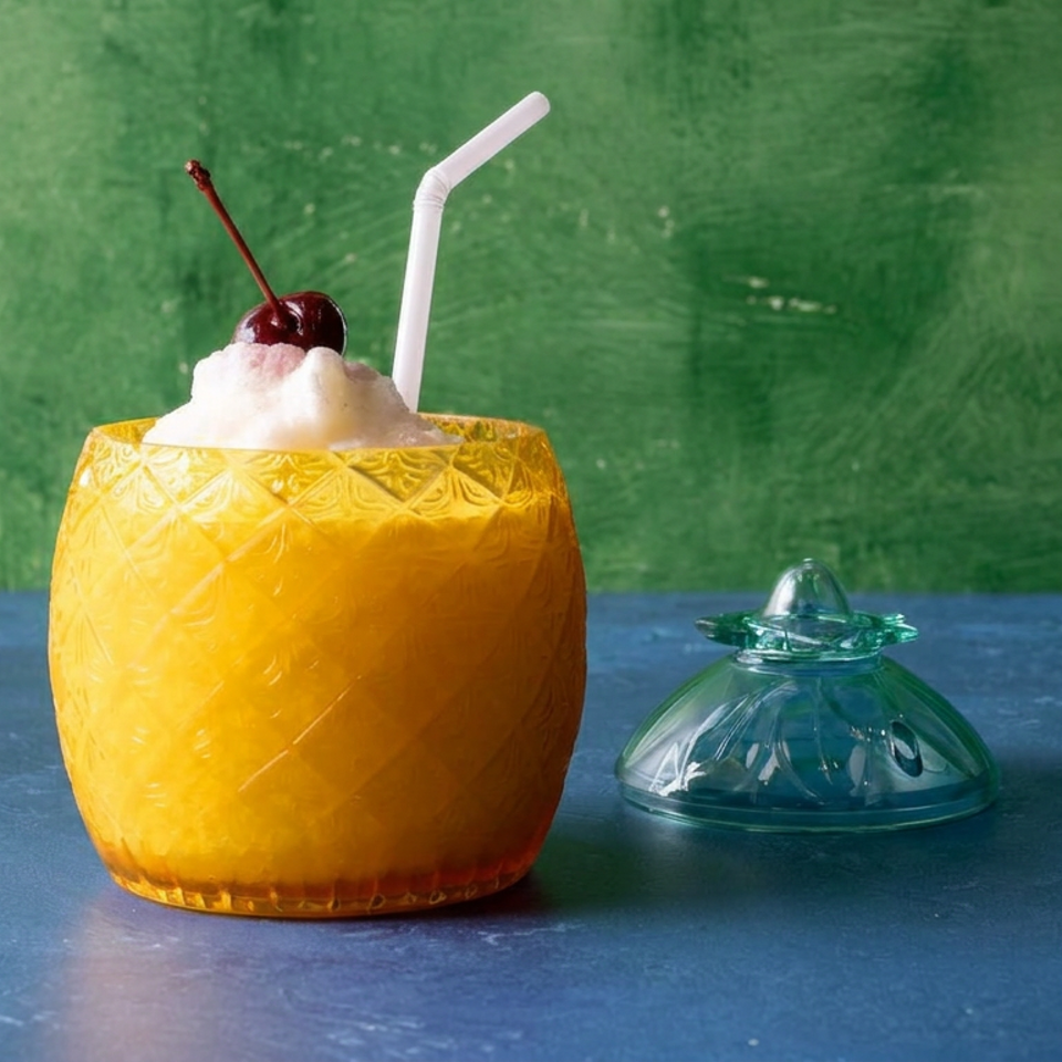 Tropical yellow drink in a textured glass, topped with whipped cream and cherry, beside a glass dome on a blue table.