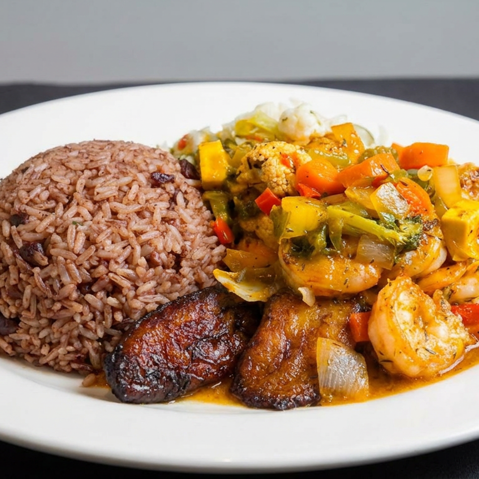 Plate of seasoned rice, sautéed shrimp and vegetables, and caramelized plantains served in a rich sauce.